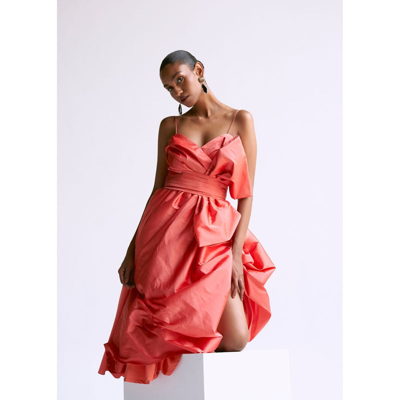 Manika Nanda Peach Classic Midi Dress With Bow Belt (Set of 2)