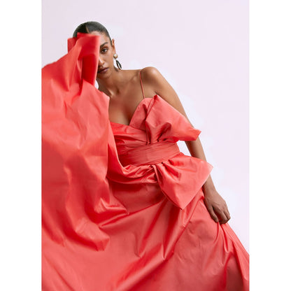 Manika Nanda Peach Classic Midi Dress With Bow Belt (Set of 2)