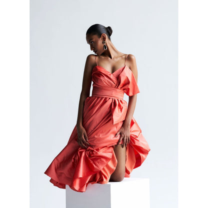 Manika Nanda Peach Classic Midi Dress With Bow Belt (Set of 2)