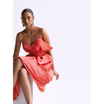 Manika Nanda Peach Classic Midi Dress With Bow Belt (Set of 2)