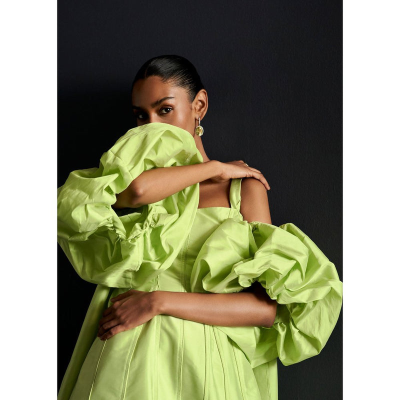 Manika Nanda Green Mini Dress With Puff Sleeve (Set of 2)