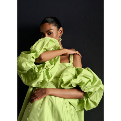 Manika Nanda Green Mini Dress With Puff Sleeve (Set of 2)