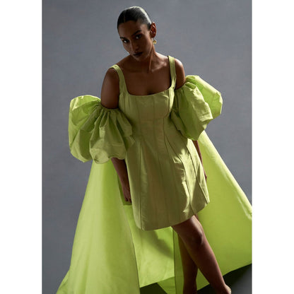 Manika Nanda Green Mini Dress With Puff Sleeve (Set of 2)