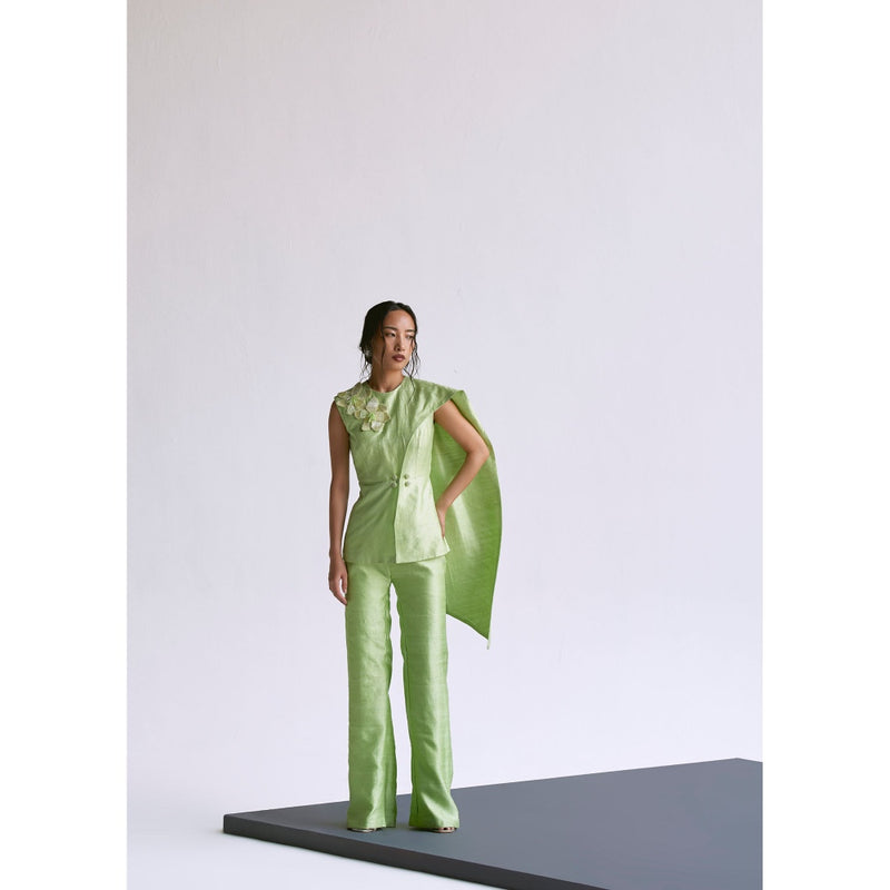 Manika Nanda Green Draped Blazer With Pant (Set of 2)