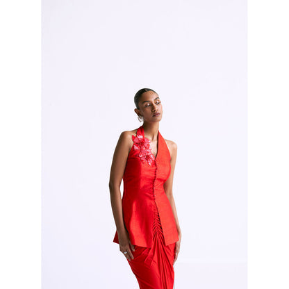 Manika Nanda Red Halter Jacket With Draped Skirt (Set of 2)