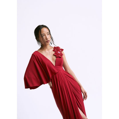 Manika Nanda Red Plunge Overlap Gown