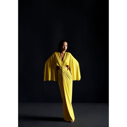 Manika Nanda Yellow Batwing Sleeve Cutout Gown