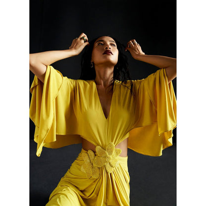 Manika Nanda Yellow Batwing Sleeve Cutout Gown