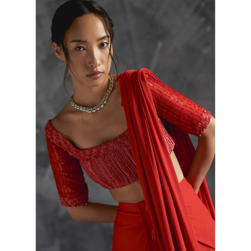 Manika Nanda Red Pleated Draped Skirt With Embellished Blouse And Dupatta (Set of 3)