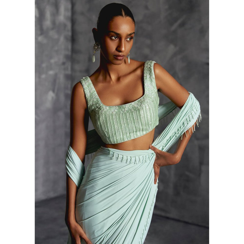 Manika Nanda Green Pre Draped Saree with Stitched Blouse