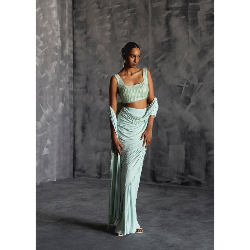 Manika Nanda Green Pre Draped Saree with Stitched Blouse