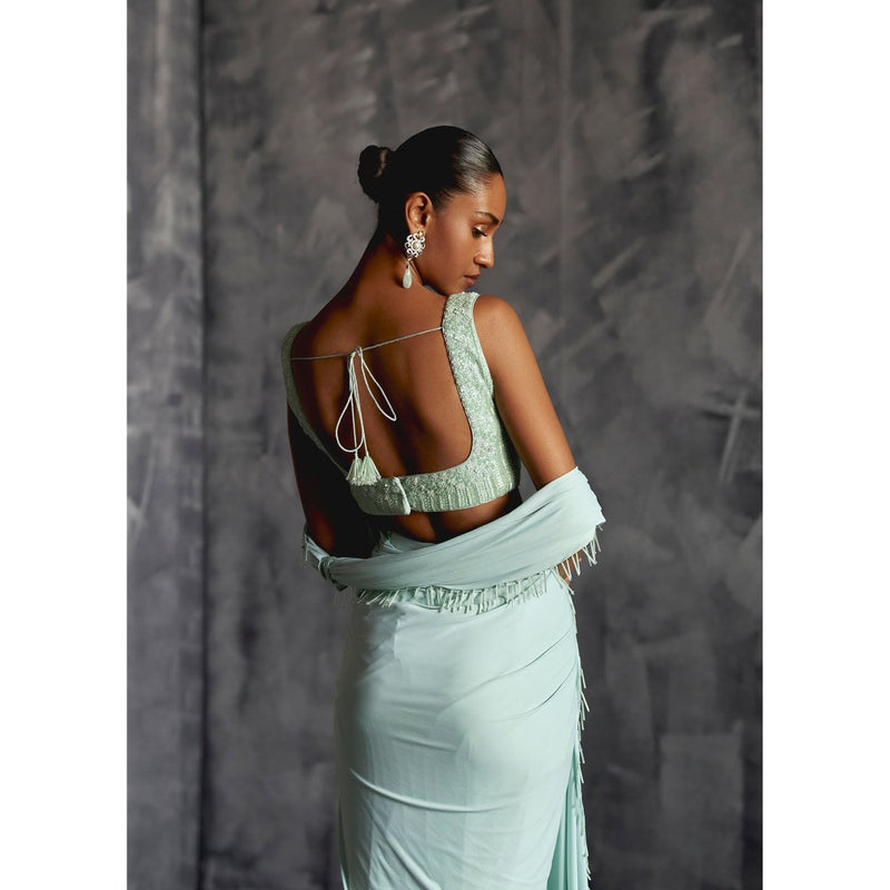 Manika Nanda Green Pre Draped Saree with Stitched Blouse