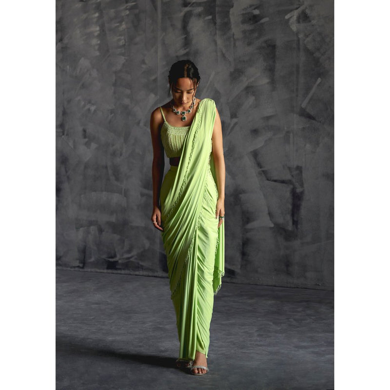Manika Nanda Green High Slit Pre Draped Saree with Stitched Blouse