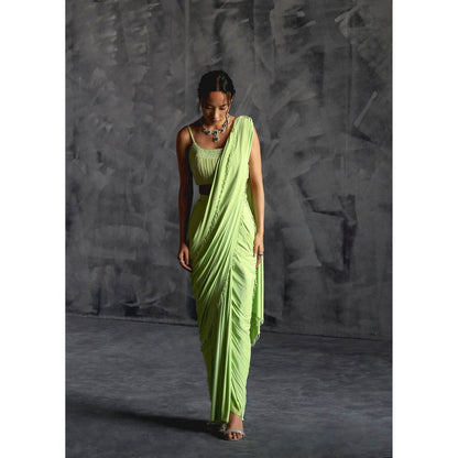 Manika Nanda Green High Slit Pre Draped Saree with Stitched Blouse