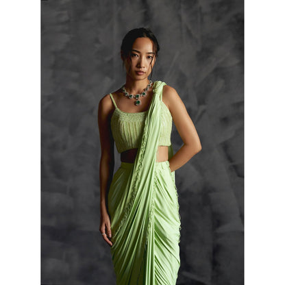 Manika Nanda Green High Slit Pre Draped Saree with Stitched Blouse