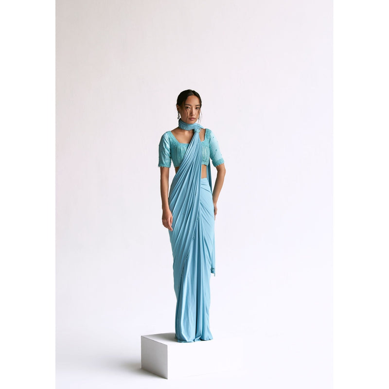 Manika Nanda Blue Pre Draped Saree with Stitched Blouse