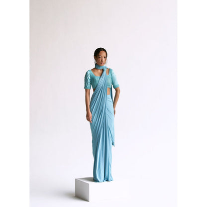 Manika Nanda Blue Pre Draped Saree with Stitched Blouse