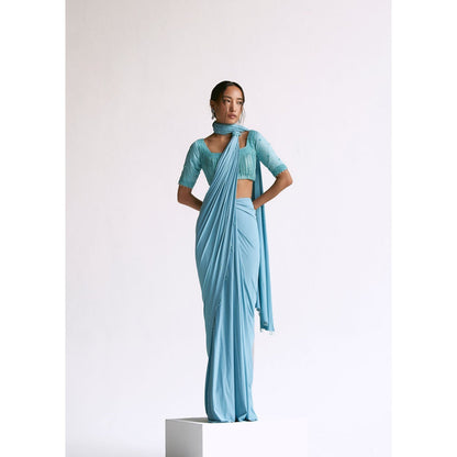 Manika Nanda Blue Pre Draped Saree with Stitched Blouse
