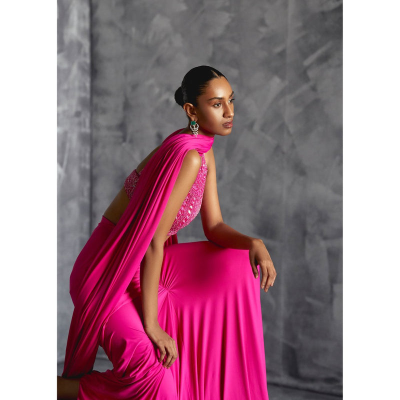 Manika Nanda Pink Gathered Skirt With Embellished Crop Top And Dupatta (Set of 3)