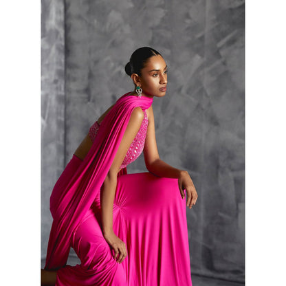 Manika Nanda Pink Gathered Skirt With Embellished Crop Top And Dupatta (Set of 3)