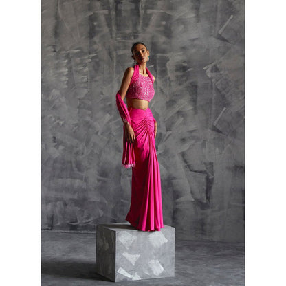 Manika Nanda Pink Gathered Skirt With Embellished Crop Top And Dupatta (Set of 3)