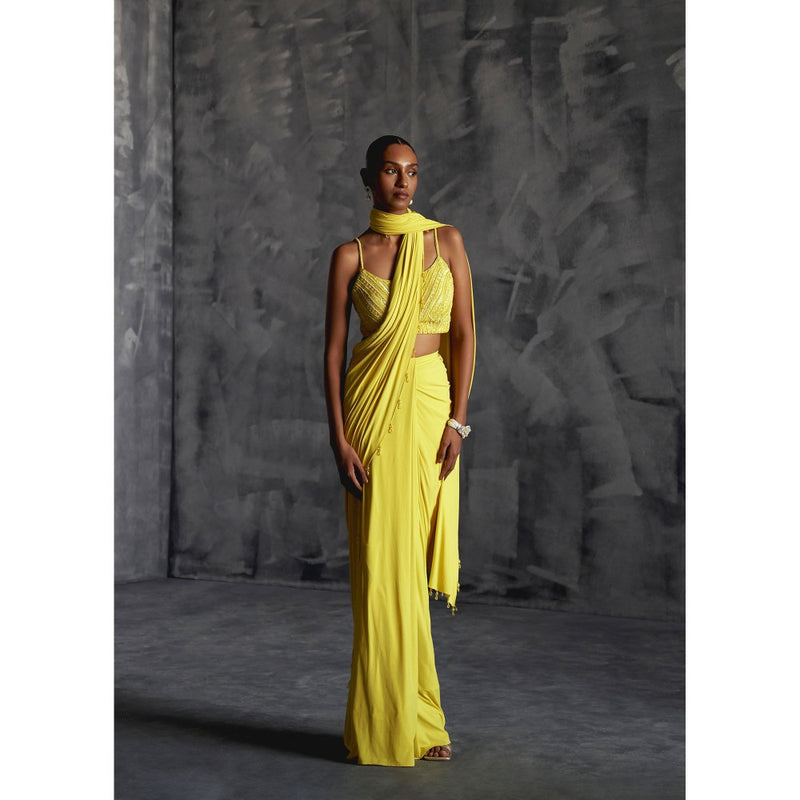 Manika Nanda Yellow Embellished Pre Draped Saree with Stitched Blouse