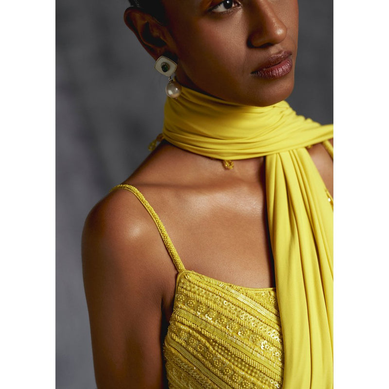 Manika Nanda Yellow Embellished Pre Draped Saree with Stitched Blouse