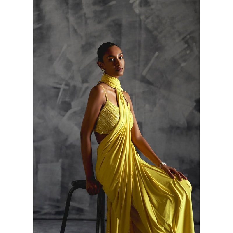 Manika Nanda Yellow Embellished Pre Draped Saree with Stitched Blouse