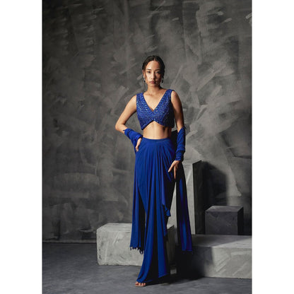 Manika Nanda Blue Rainfall Drape Skirt With Crop Top And Dupatta (Set of 3)