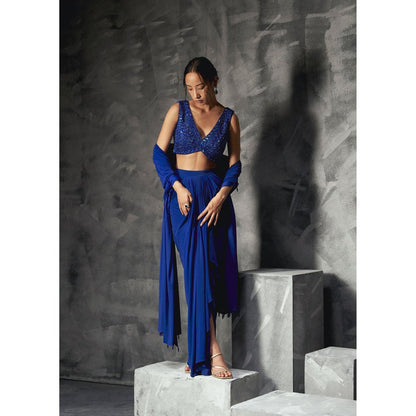 Manika Nanda Blue Rainfall Drape Skirt With Crop Top And Dupatta (Set of 3)