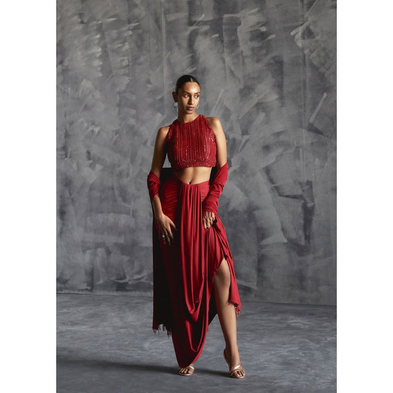 Manika Nanda Maroon Pleated Skirt With Embellished Crop Top And Dupatta (Set of 3)