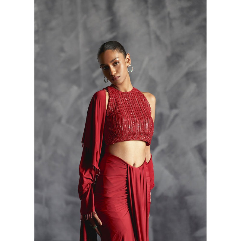 Manika Nanda Maroon Pleated Skirt With Embellished Crop Top And Dupatta (Set of 3)