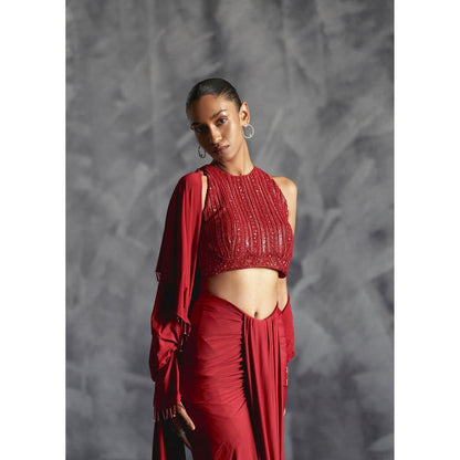 Manika Nanda Maroon Pleated Skirt With Embellished Crop Top And Dupatta (Set of 3)