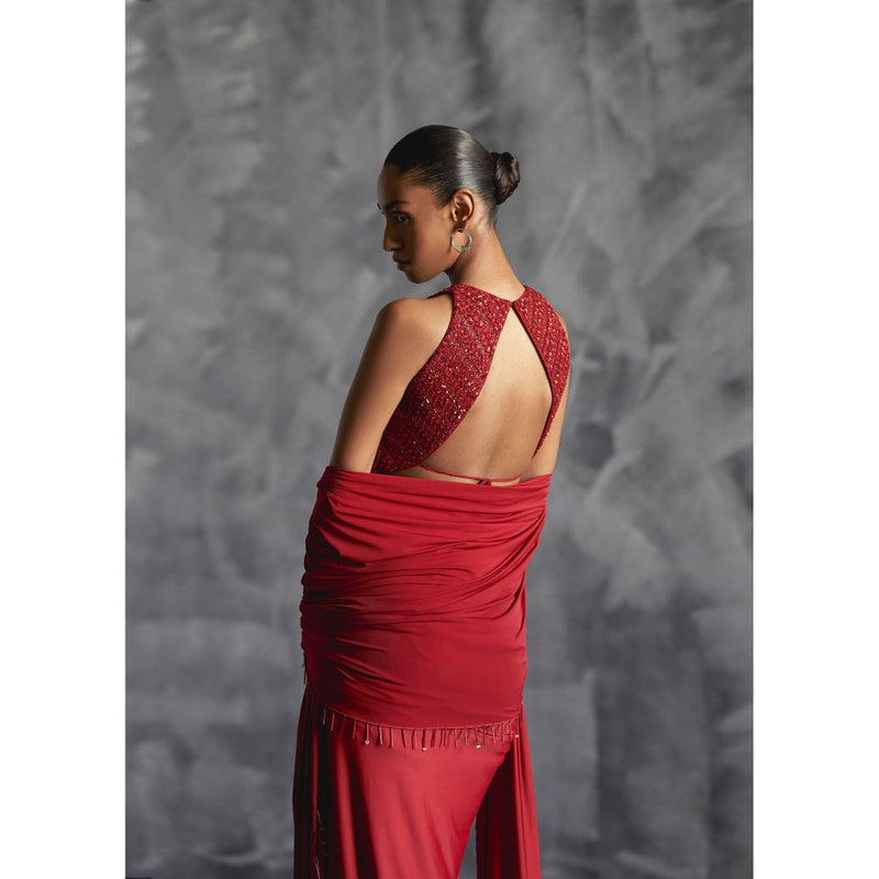 Manika Nanda Maroon Pleated Skirt With Embellished Crop Top And Dupatta (Set of 3)
