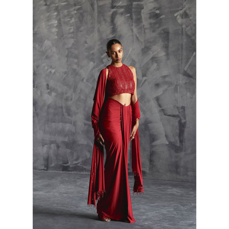 Manika Nanda Maroon Pleated Skirt With Embellished Crop Top And Dupatta (Set of 3)