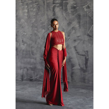Manika Nanda Maroon Pleated Skirt With Embellished Crop Top And Dupatta (Set of 3)