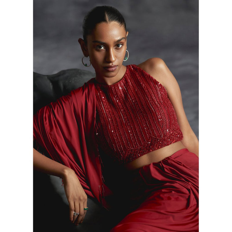 Manika Nanda Maroon Pleated Skirt With Embellished Crop Top And Dupatta (Set of 3)