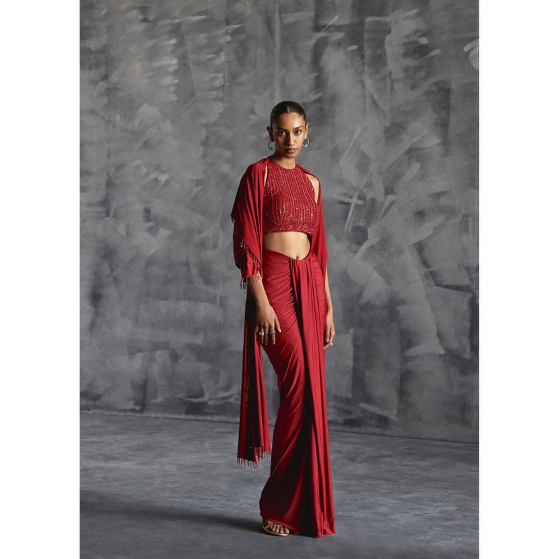 Manika Nanda Maroon Pleated Skirt With Embellished Crop Top And Dupatta (Set of 3)