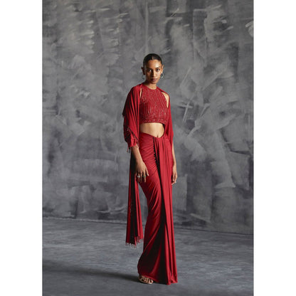 Manika Nanda Maroon Pleated Skirt With Embellished Crop Top And Dupatta (Set of 3)