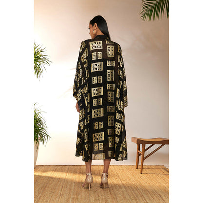 Masaba Black Open Doors Foil Collar Kaftan with Slip (Set of 2)
