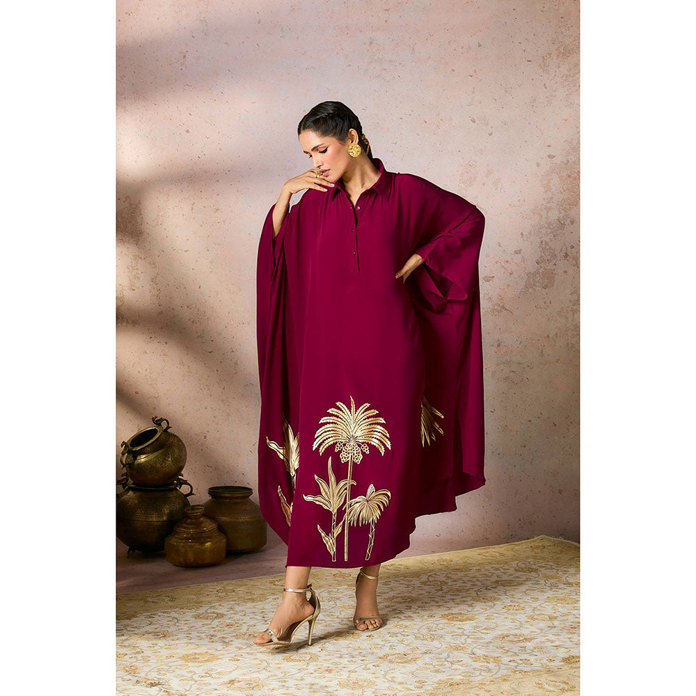 Masaba Burgundy Foil Print Kaftan Dress with Slip (Set of 2)