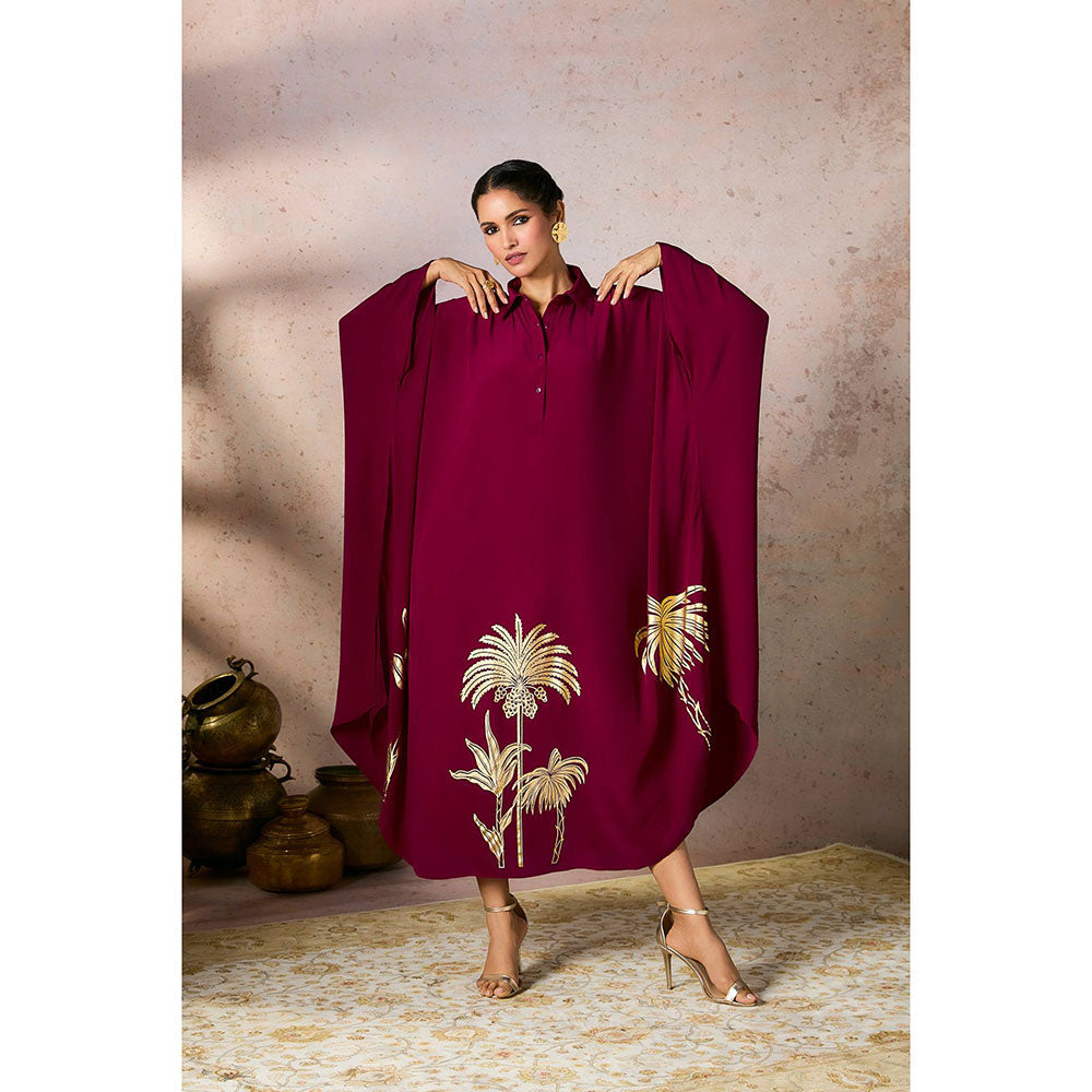 Masaba Burgundy Foil Print Kaftan Dress with Slip (Set of 2)