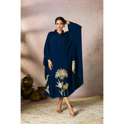 Masaba Blue Palm Foil Kaftan Dress with Slip (Set of 2)