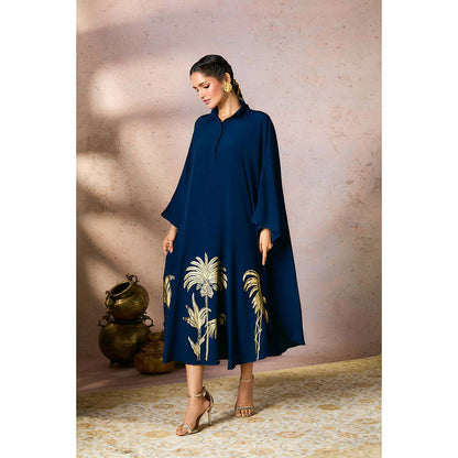 Masaba Blue Palm Foil Kaftan Dress with Slip (Set of 2)