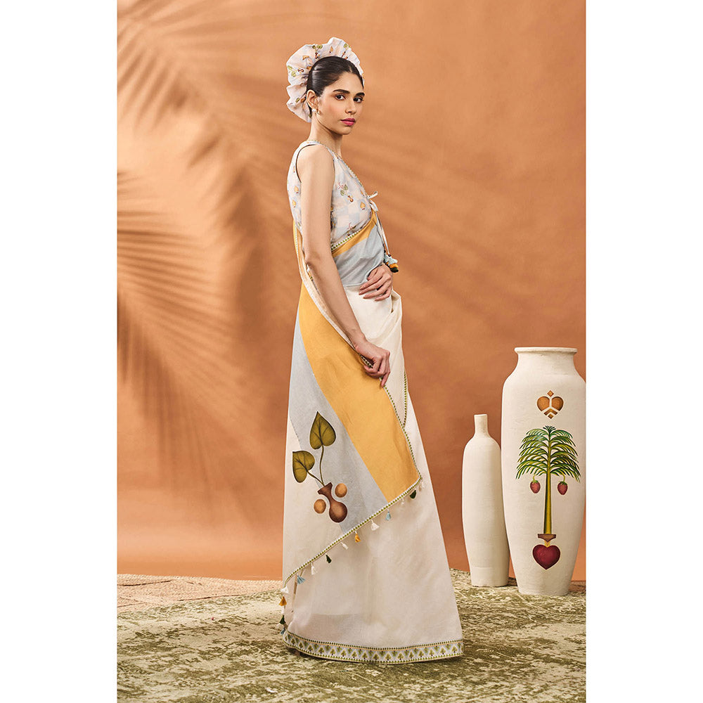 Masaba Ivory Garden Grid Saree with Unstitched Blouse