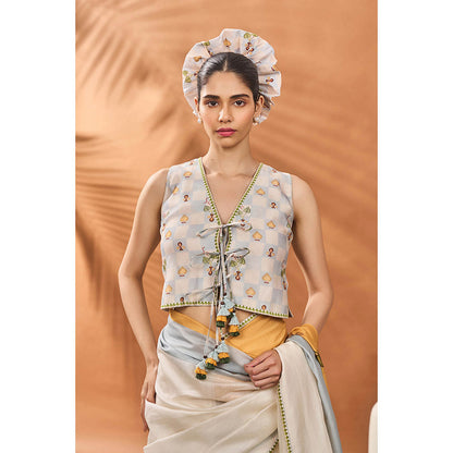 Masaba Ivory Garden Grid Saree with Unstitched Blouse