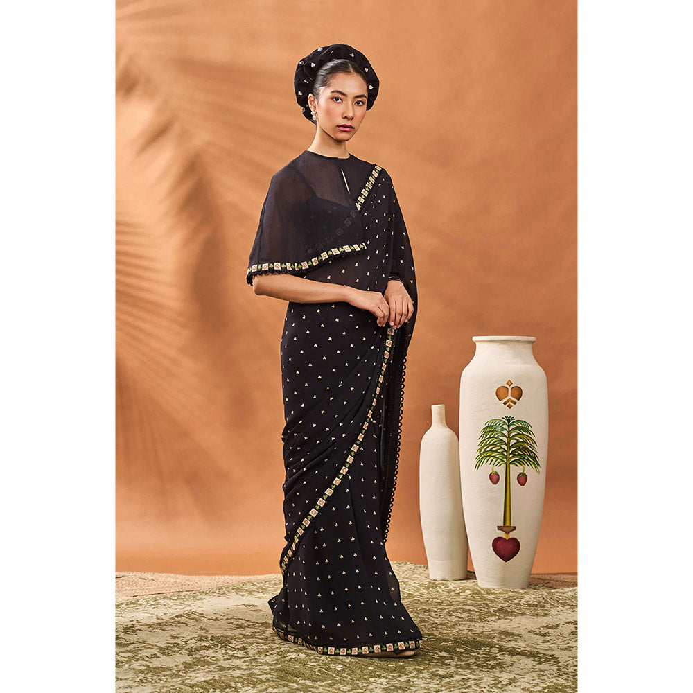 Masaba Black Saree with Unstitched Blouse and Cape