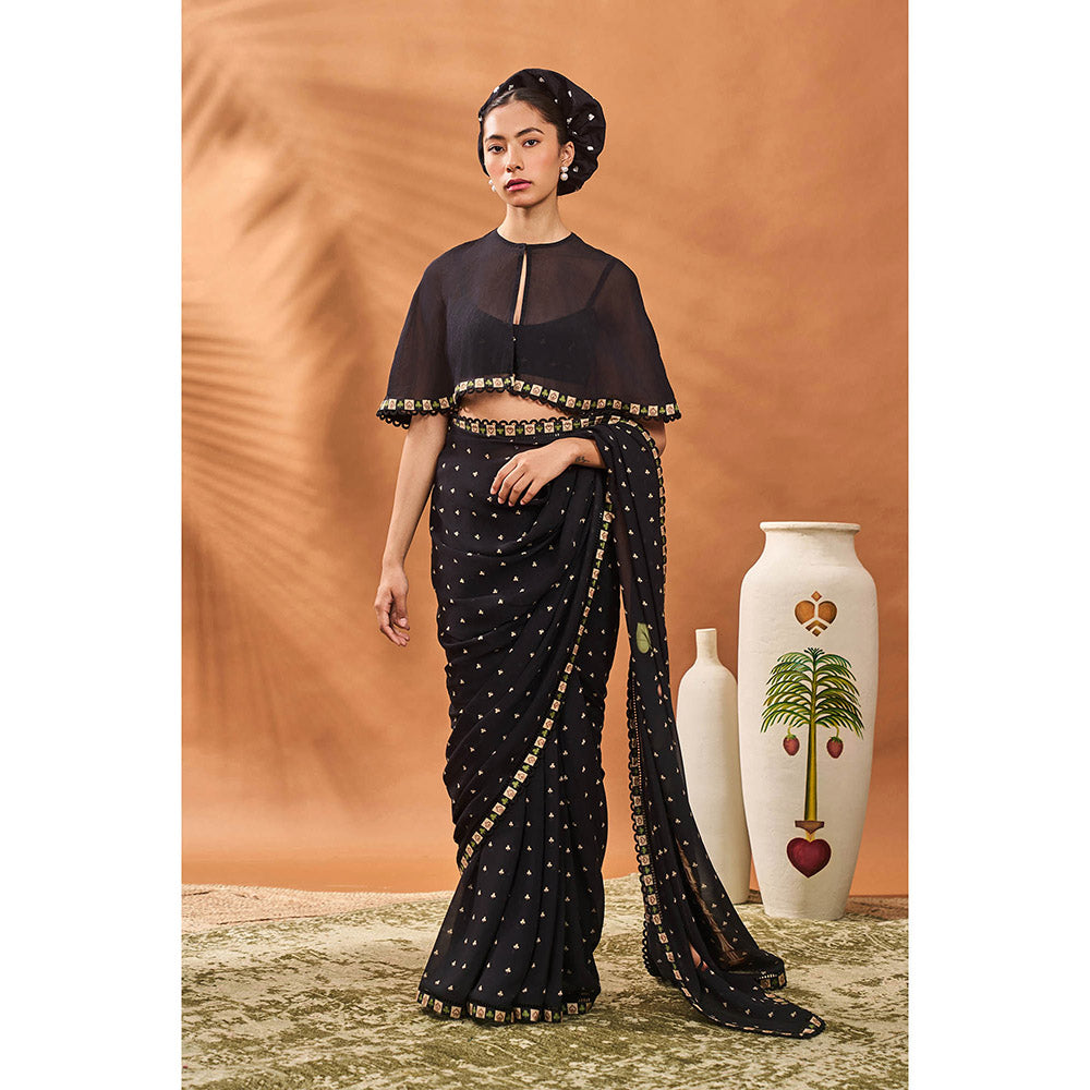 Masaba Black Saree with Unstitched Blouse and Cape