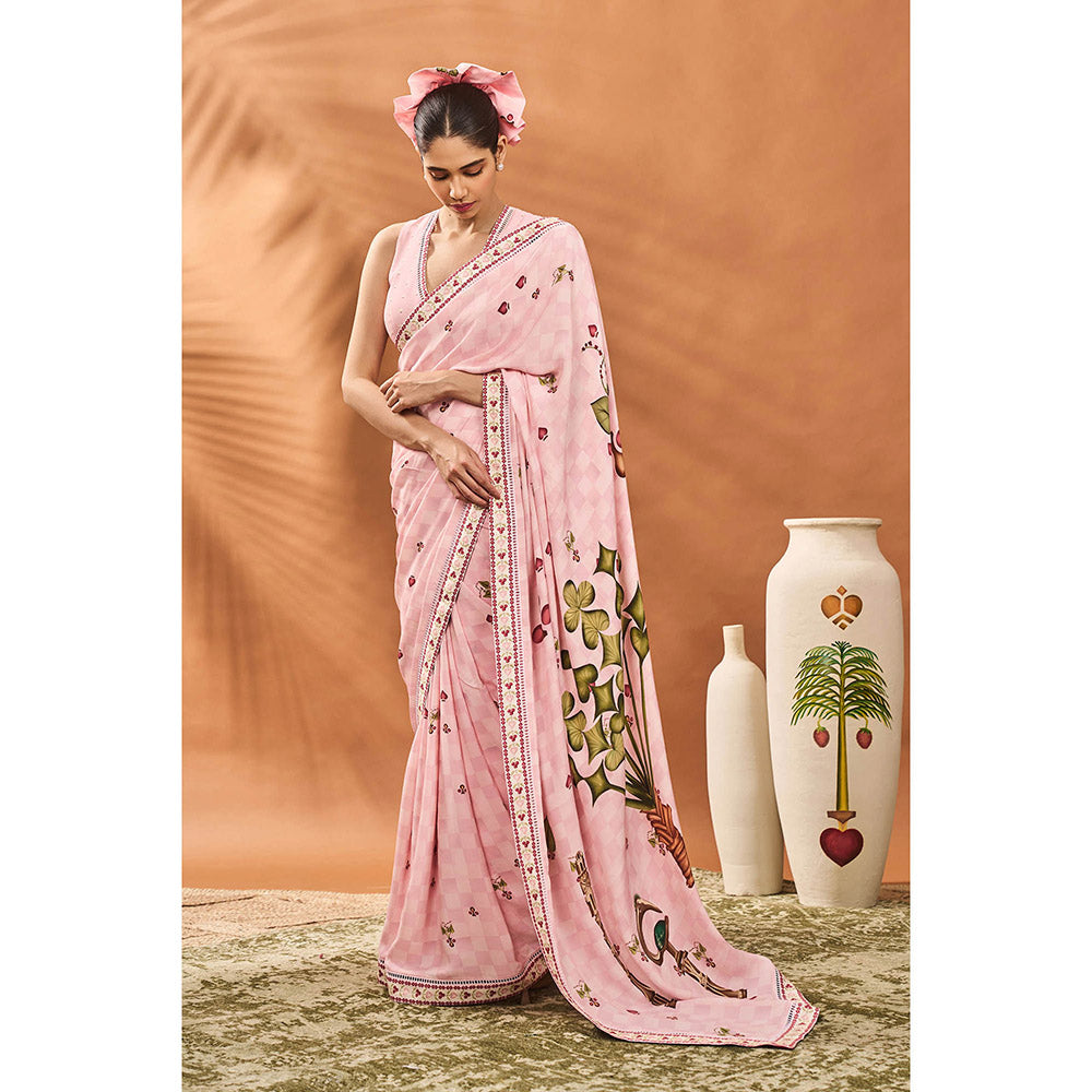 Masaba Pink Checkers Spade Bloom Saree with Unstitched Blouse