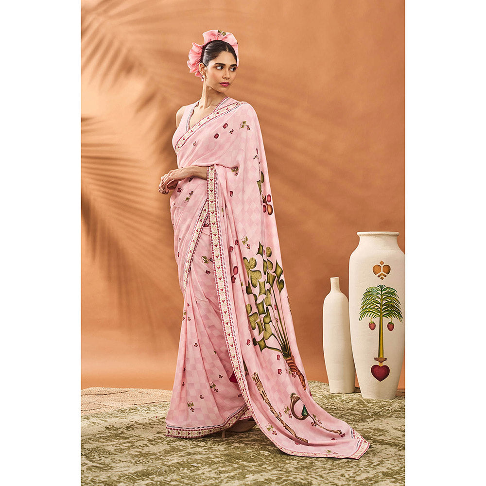 Masaba Pink Checkers Spade Bloom Saree with Unstitched Blouse
